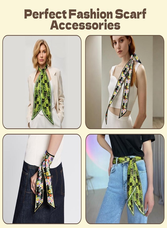 Cabreche 2PC Hair Head Scarf Neck Scarves Silk Feeling Long Oblique Angle Satin Cute Women Girls Handbag 59 * 6.7'' (AP19-Flower Cat) - Image 5
